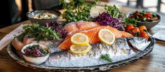 Aufkleber - Fresh assortment of sea bream, seabass, and trout garnished with greens and lemon on a rustic wooden table