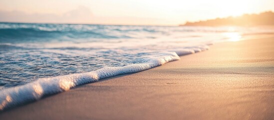 Aufkleber - Sandy beach wave texture with golden sunset and gentle shoreline for serene natural background and design elements