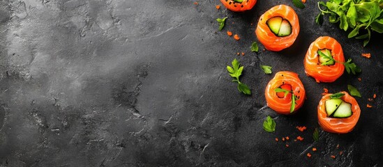 Aufkleber - Savory salmon rolls with fresh cucumber and carrot on a dark stone background showcasing empty space for text or branding.