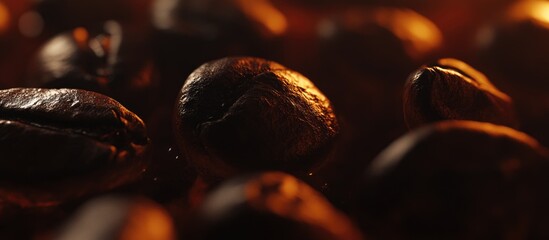 Fototapete - Close-up of roasted coffee beans showcasing rich textures and glistening surfaces inviting an alluring coffee tasting experience.