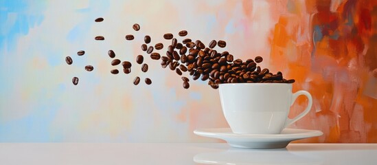 Aufkleber - Roasted coffee beans cascading into a white cup on a saucer with a vibrant color background creating a fresh and bright aesthetic