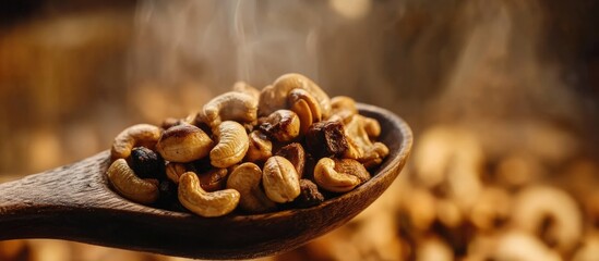 Aufkleber - Roasted cashew nuts in a wooden spoon with warm tones and soft focus background highlighting the rich texture and flavor.