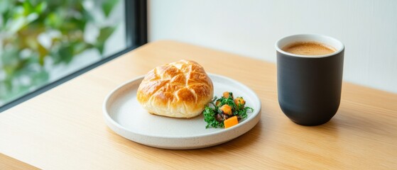 Poster - Minimalist Cafe Aesthetic Ceramic Plate with Fresh Pastry and Coffee on Wooden Table Social Media Content and Casual Dining Branding for Urban Coffeehouses