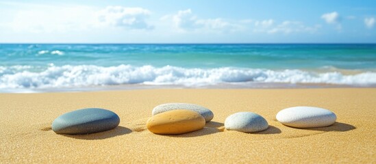 Canvas Print - Colorful sea stones arranged on a sandy beach with gentle waves and a clear blue sky in the background.