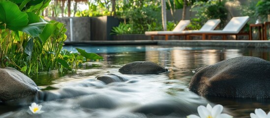 Aufkleber - Serene swimming pool surrounded by lush greenery and smooth stones with gentle ripples reflecting tranquility and natural beauty.