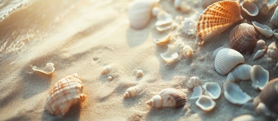 Aufkleber - Seashells scattered on sandy beach surface captured from a top view showcasing natural textures and soothing coastal colors.
