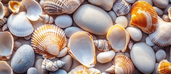 Poster - Natural seashore background featuring a variety of colorful seashells and smooth pebbles arranged harmoniously on a textured surface