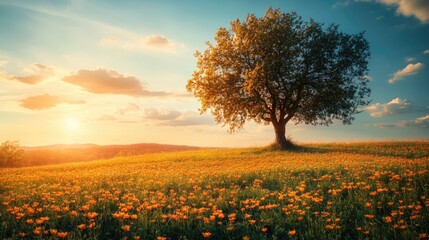 Leinwandbilder - Summer Meadow at Sunset with Blooming Flowers and a Solitary Tree for Advertising or Promotional Use