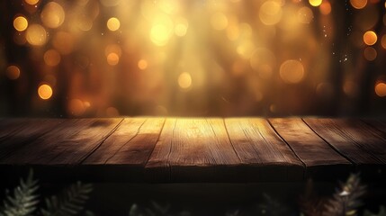Poster - Rustic wooden table with shimmering bokeh lights creating a warm and inviting ambiance for festive or seasonal backgrounds
