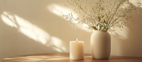 Wall Mural - Aromatic candle and elegant vase with wildflowers on a wooden coffee table creating a serene and minimalist ambiance for home decor