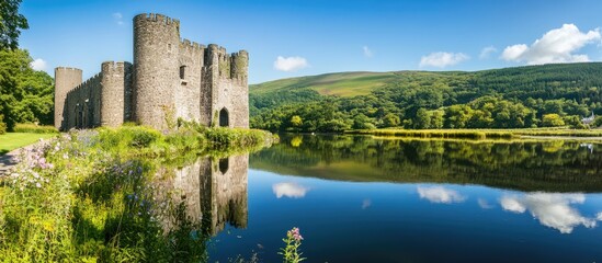 Aufkleber - Scenic view of a historic castle by a tranquil river reflecting lush greenery and blue skies in a picturesque landscape.