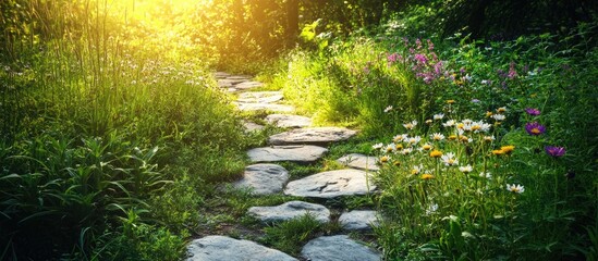 Poster - Scenic pathway made of stones surrounded by lush greenery and vibrant wildflowers in a sunlit natural setting