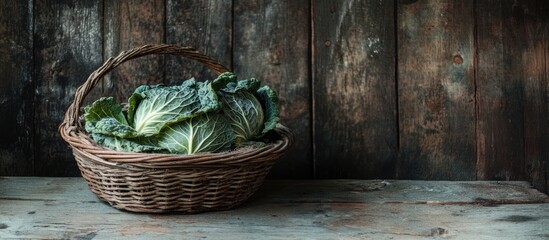 Aufkleber - Savoy cabbage in a rustic wicker basket on a textured wooden background showcasing natural colors and farm-fresh appeal.