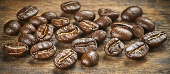 Aufkleber - Roasted coffee beans scattered on a wooden surface creating a rich, warm background for culinary and lifestyle imagery.