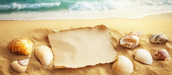 Aufkleber - Seashells on sandy beach next to vintage paper creating a tranquil summer seaside atmosphere.