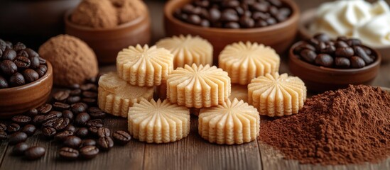 Poster - Savoyardi cookies arranged beautifully with coffee beans and cocoa powder on a rustic wooden surface for dessert presentation.