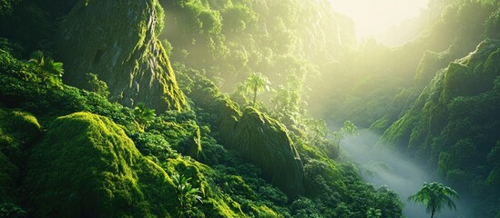 Canvas Print - Lush moss-covered tropical hills in Asia bathed in soft sunlight showcasing vibrant greenery and serene landscapes.