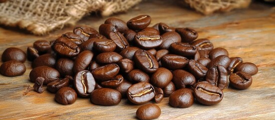 Poster - Rich roasted coffee beans arranged on a rustic wooden surface with burlap accents for a warm and inviting background.