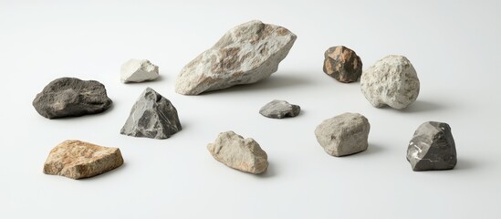 Aufkleber - Variety of natural rocks arranged on a clean white background showcasing different shapes and textures for design and educational purposes.