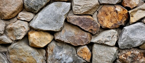 Aufkleber - Textured stone wall with varied colors and sizes in selective focus, showcasing natural materials and craftsmanship in a rustic setting.