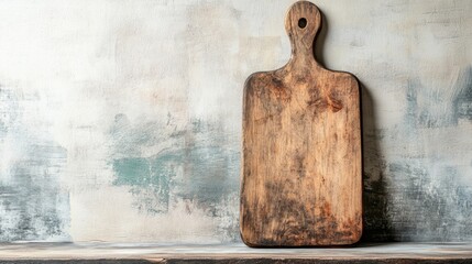 Poster - Rustic wooden cutting board with textured wall background perfect for displaying dishes or culinary creations in a cozy setting