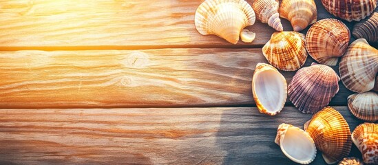 Aufkleber - Various colorful sea shells arranged on a rustic wooden table with warm sunlight illuminating the scene creating a coastal atmosphere.