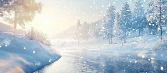 Aufkleber - Winter landscape with snowy river and trees under bright sunlight creating a serene and tranquil atmosphere in a pristine natural setting