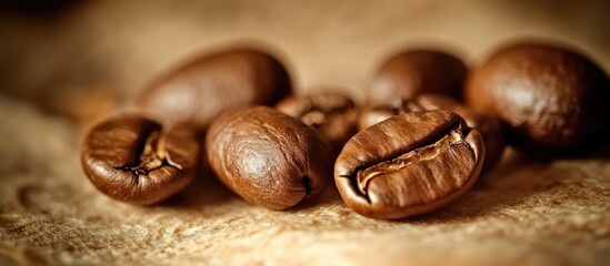Aufkleber - Roasted coffee beans on textured surface with warm tones ideal for coffee-related advertisements and backgrounds.