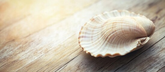 Aufkleber - Seashell resting on a rustic wooden table creating a serene coastal aesthetic perfect for beach and nature themes
