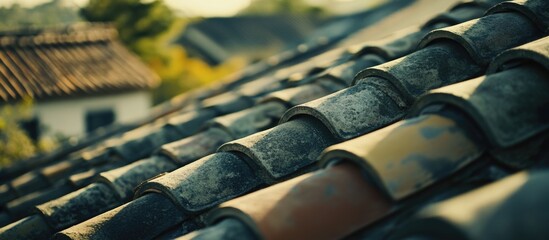 Aufkleber - Aesthetic close-up of weathered roof tiles showcasing texture and colors in natural light. Ideal for architecture and home design themes.