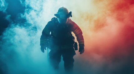 Firefighter using thermal camera to find child, a firefighter scanning through thick smoke with a thermal imaging camera, a faint child figure appearing on the screen, suspenseful atmosphere