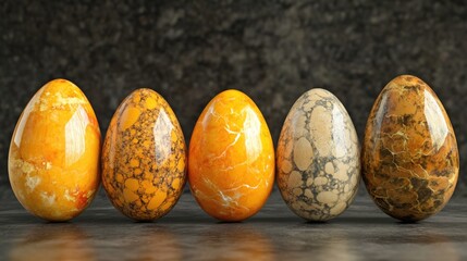 Poster - Rustic collection of beautifully speckled golden and yellow decorative eggs arranged on a dark textured surface for a charming display.