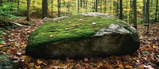 Poster - Mossy rock in tranquil forest setting surrounded by autumn foliage and trees creating a serene natural landscape atmosphere.