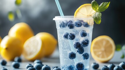 Aufkleber - Refreshing lemonade with blueberries in a clear takeaway cup garnished with lemon and mint leaves against a blurred lemon background