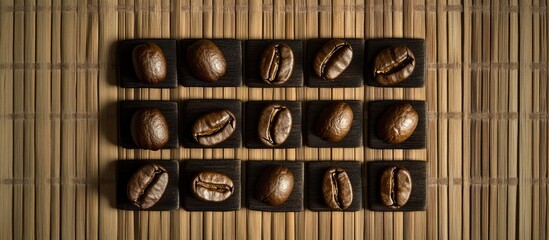 Poster - Roasted coffee beans arranged in a rectangular pattern on a textured bamboo wooden background for a natural and elegant presentation.