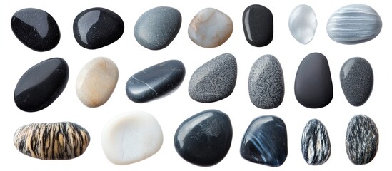 Aufkleber - Variety of Smooth Rounded Sea Pebbles on White Background in Different Shades and Textures for Natural Decor and Design Elements