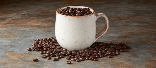Aufkleber - Roasted coffee beans spilling from a rustic white mug surrounded by whole