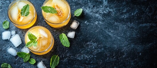 Poster - Ripe pear cocktail with ice and mint on dark background with space for text perfect for festive drink promotions and recipes