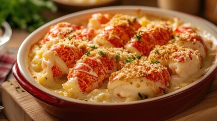 Aufkleber - Delicious Lobster Newburg Casserole with Creamy Sauce and Golden Breadcrumb Topping in a Rustic Setting