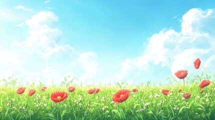 Poster - Vibrant poppy field with blooming flowers under a bright blue sky and fluffy white clouds in a serene landscape setting