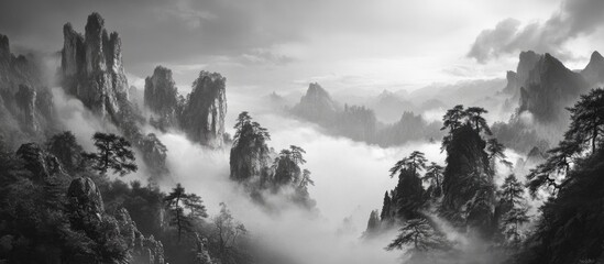 Aufkleber - Black and white landscape of misty mountains and trees creating a serene atmospheric scene in monochrome tones