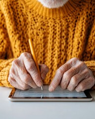Aufkleber - Modern Senior Tech Engagement Elderly Hands with Stylus on Smooth Tablet for Secure Online Banking - Financial Literacy in Digital Transition and Cybersecurity for Seniors