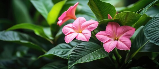 Poster - Fresh pink flowers blooming in a lush garden surrounded by vibrant green leaves creating a romantic and serene atmosphere
