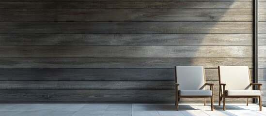 Aufkleber - Rustic wood shiplap interior wall with stylish modern chairs and spacious area for text or design elements in natural light setting