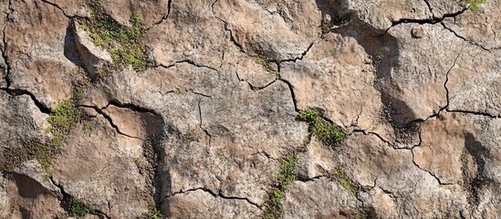 Aufkleber - Cracked rocky surface with textured details and patches of greenery ideal for backgrounds or material design elements