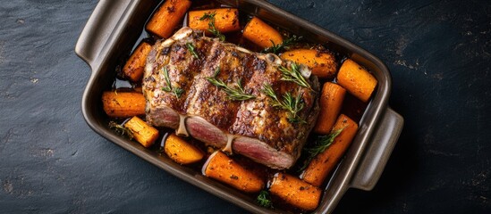 Aufkleber - Savory roasted pork steaks with carrots arranged in a dish on a dark background ideal for food and culinary advertising.