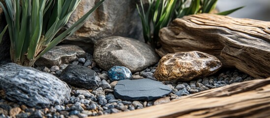 Aufkleber - Natural Stones and Weathered Wood in Tranquil Garden Setting with Greenery and Decorative Gravel