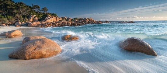 Wall Mural - Serene Coastal Landscape with Smooth Rocks and Gentle Waves on a Tranquil Beach at Sunset