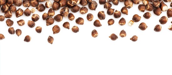 Aufkleber - Roasted buckwheat grains arranged on a white background showcasing dry brown groats from a top view perspective.