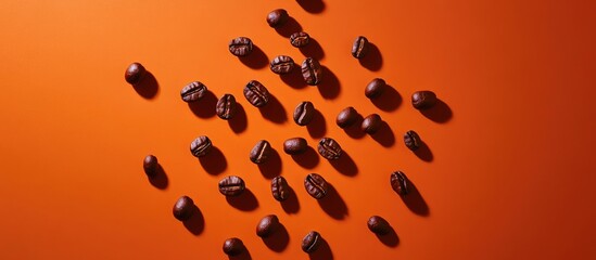 Poster - Scattered roasted coffee beans creating a striking contrast against a vibrant orange background showcasing texture and color dynamics.